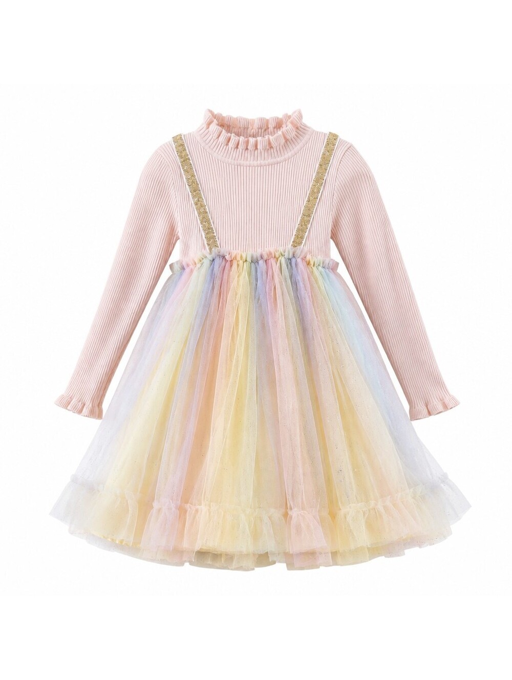 Lola + The Boys Pink Ribbed Knit Dress with Rainbow Tulle Skirt, Size 10